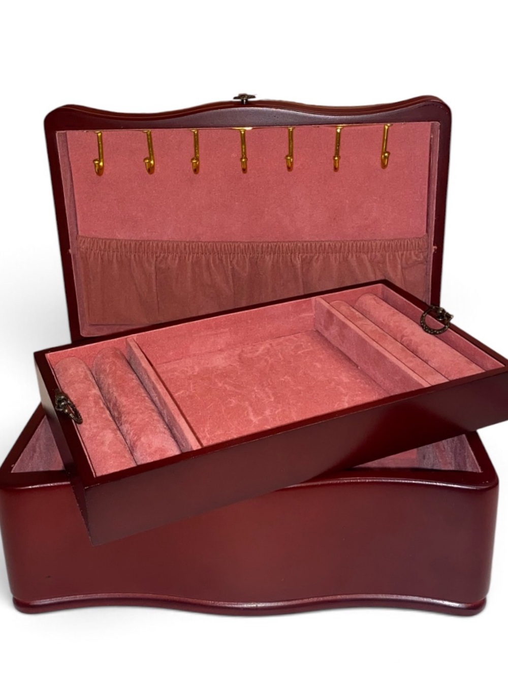 JEWELRY BOX Vintage Wood Mahogany Finish MLT-Tier Compartments Velvet Interior